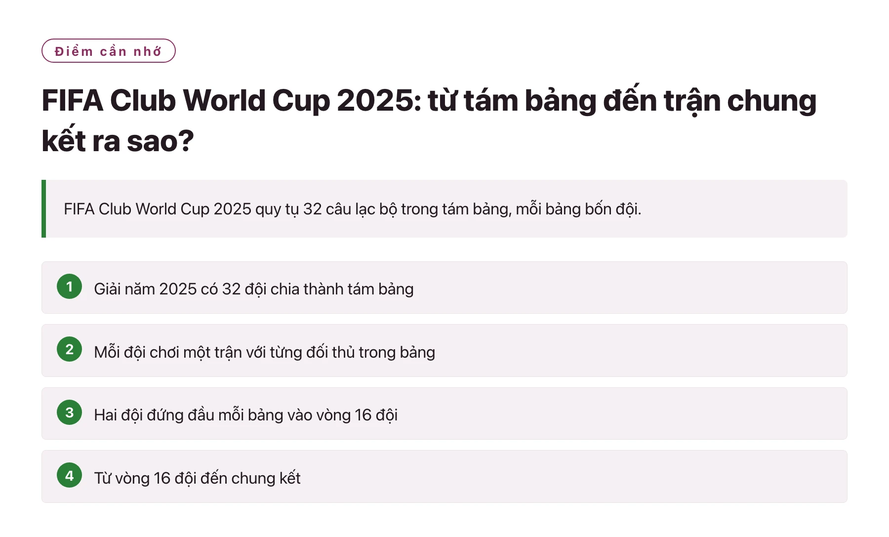 FIFA Club World Cup 2025: từ tám bảng đến trận chung kết ra sao?——全文要点速览